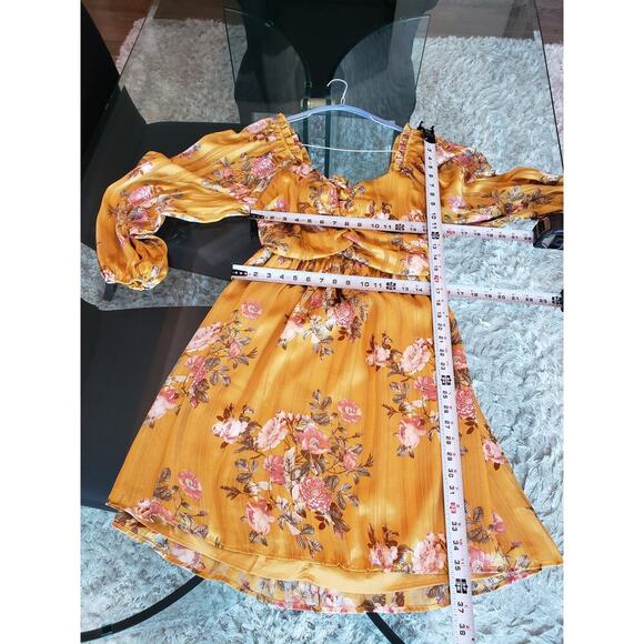 Forever 21 Sheath Dress Womens OX Yellow Floral Keyhole Back Bow Sweetheart Neck - Picture 8 of 14